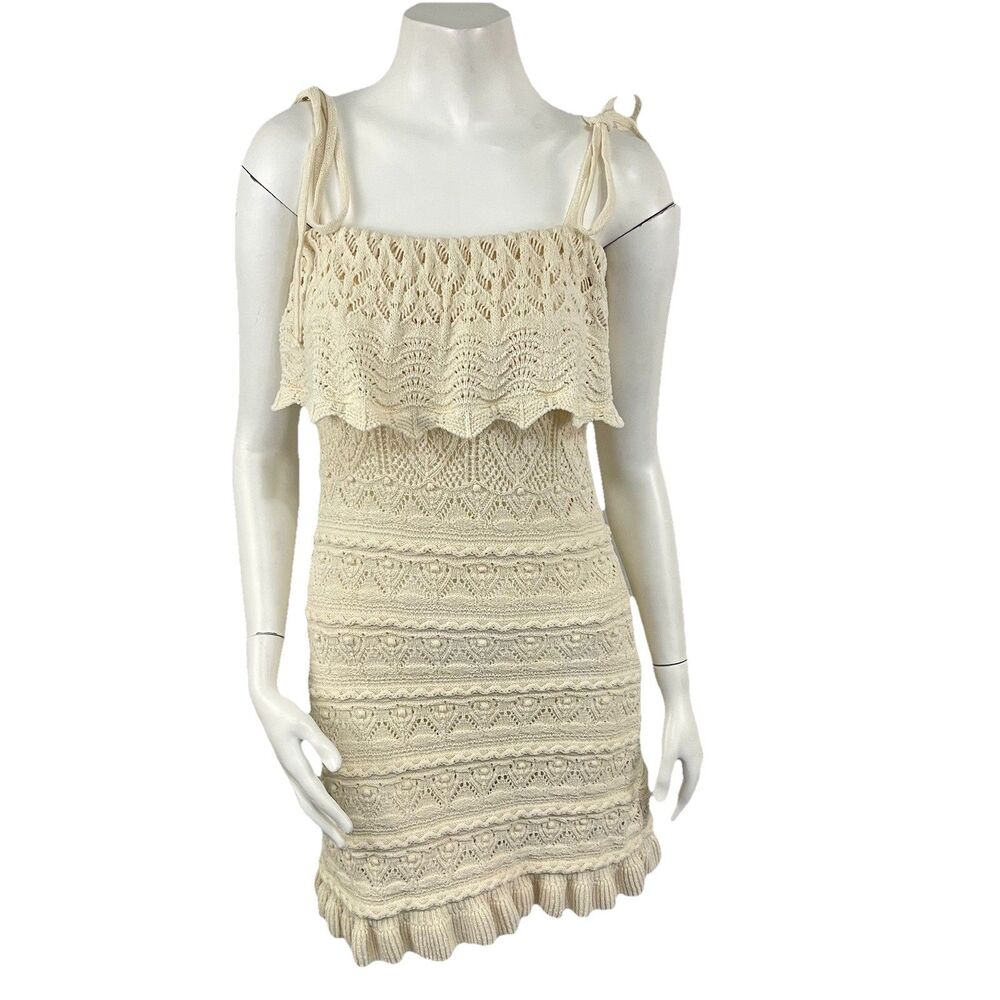 Zara Cream Crochet‎ Mini Dress Tie Shoulders M Cottage Festival Resort Summer